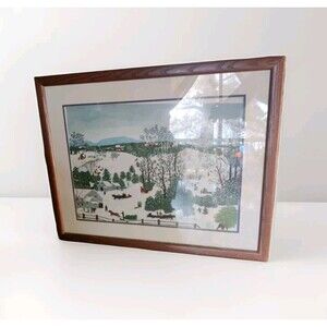 Vintage Grandma Moses “Out For Christmas Trees” Large Framed Matted Print Art